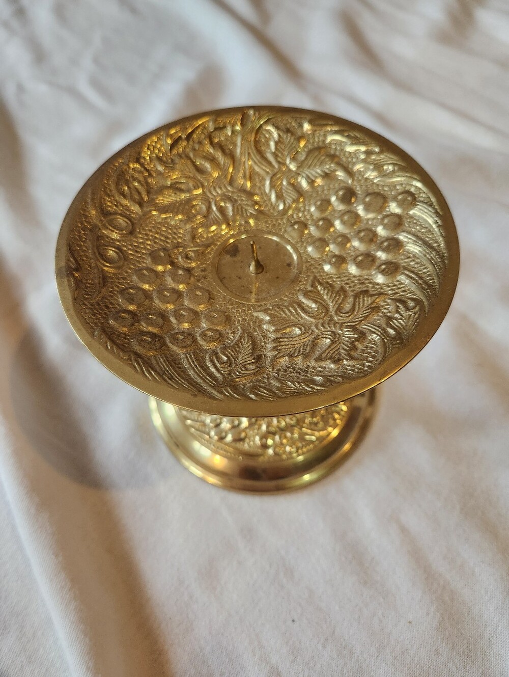 Vintage Brass Pedestal Candle Holder Embossed Floral Grape Design